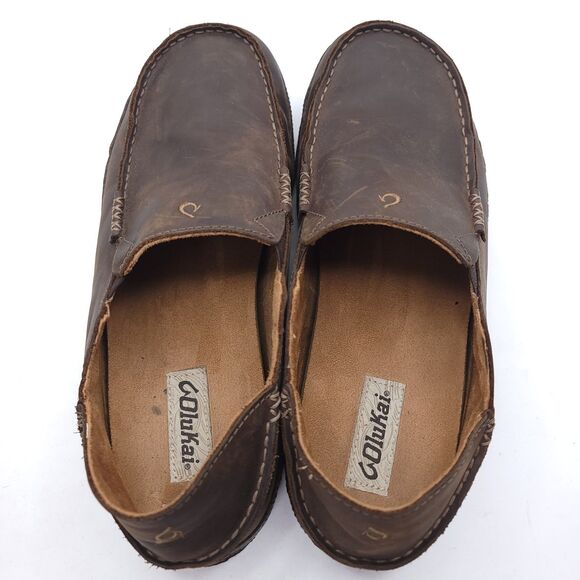 Olukai Mens Moloa Black Toffee Men’s Slip-On Leather Shoes Size 11 EU 44